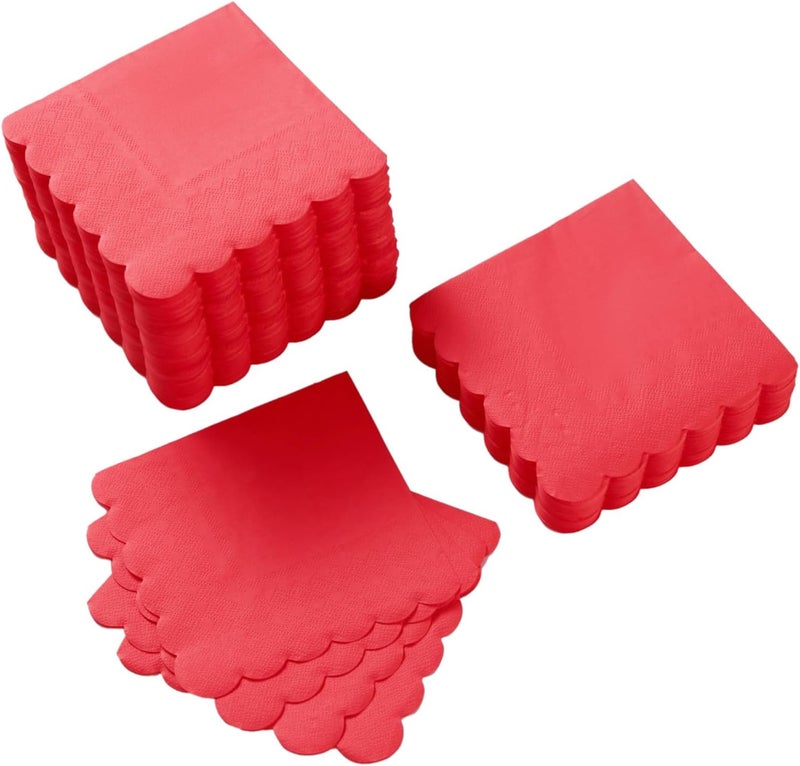 BEFORYOU 100 Pack Cocktail Napkin 2-Ply Scalloped Edged Dessert Napkins Folded 5 x 5 Inches Disposable Napkins for Dinner Wedding Birthday Party Bridal Anniversary Reception Event (Red) - Image 1